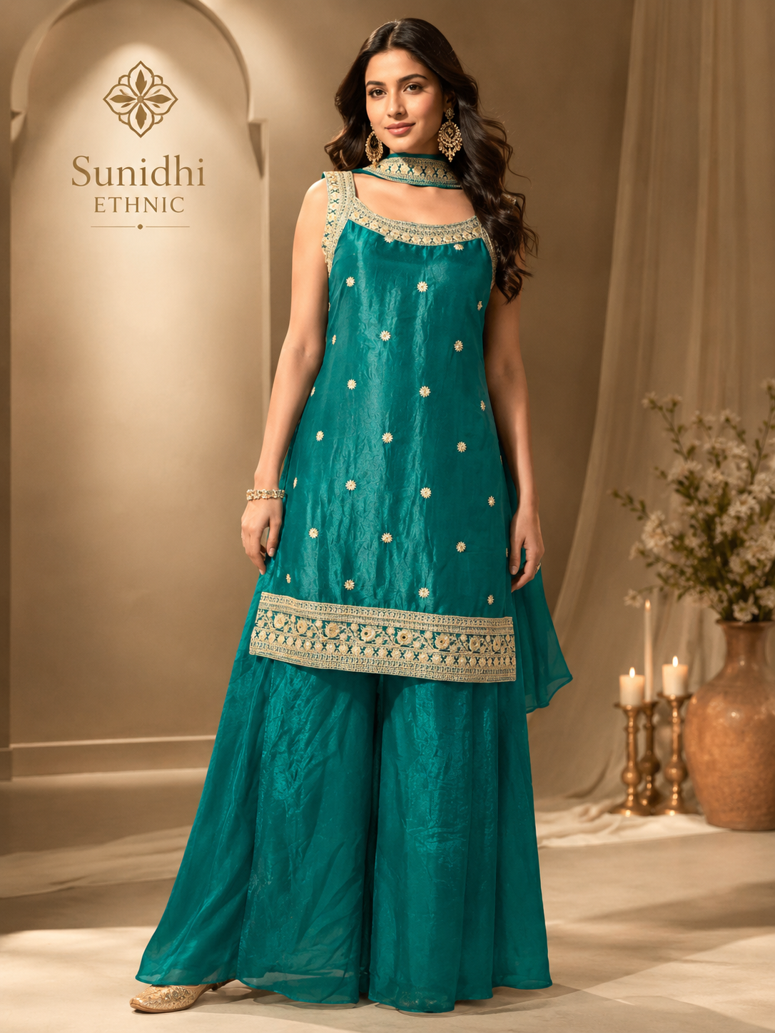 Sunidhi Ethnic Teal Embroidered Sleeveless Kurta Plazo Set with Choker Dupatta
