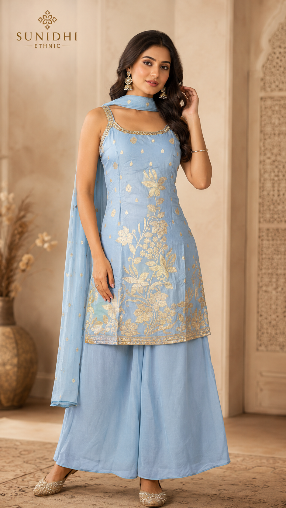 Sky Blue Embroidered Sleeveless Kurta Plazo Set with Dupatta & Extra Sleeves Fabric