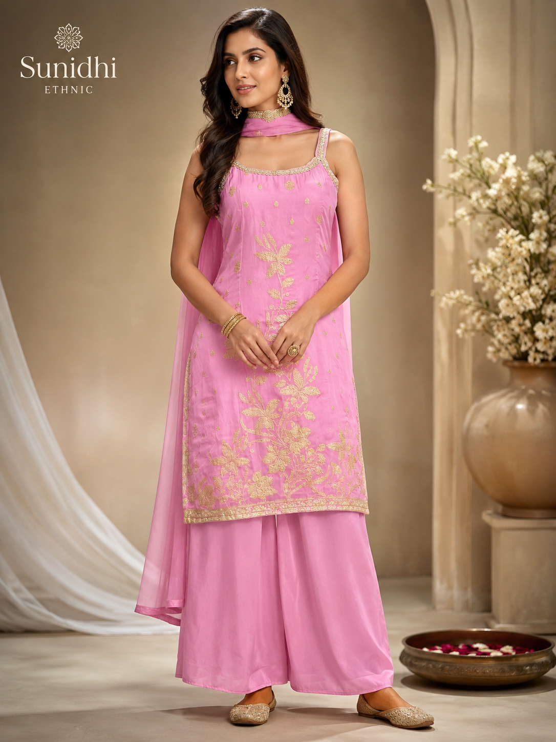 Sunidhi Ethnic Blush Pink Embroidered Kurta Plazo Set with Choker Dupatta