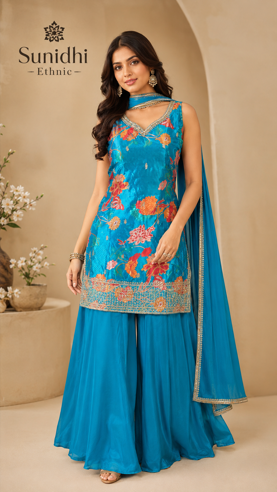 Turquoise Floral Printed Kurta Plazo Set with Choker Dupatta & Detachable Sleeves Fabric