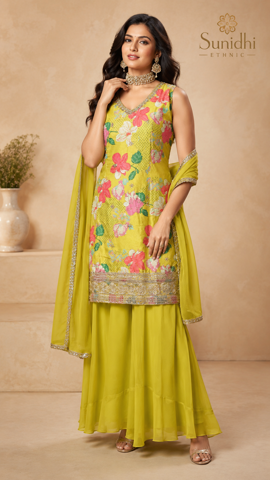 Sunidhi Ethnic Lime Floral Printed Kurta Plazo Set with Dupatta & Detachable Sleeve Fabric