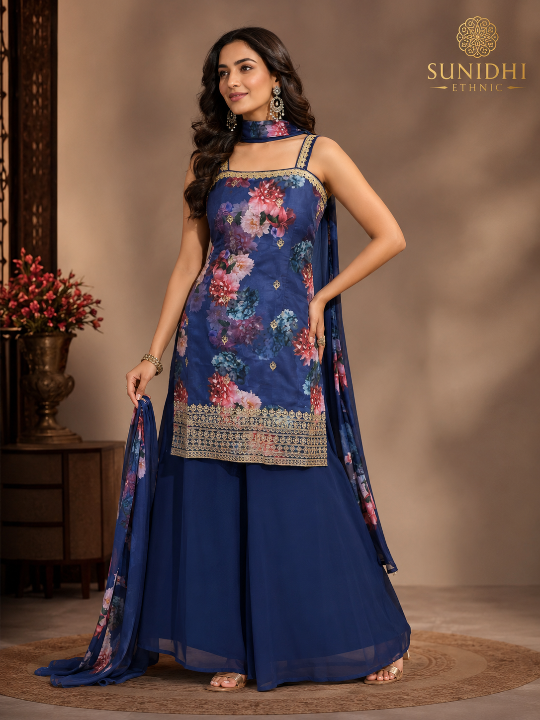 Sunidhi Ethnic Navy Blue Floral Indo-Western Kurti Plazo Set with Choker Dupatta & Extra Sleeves Fabric