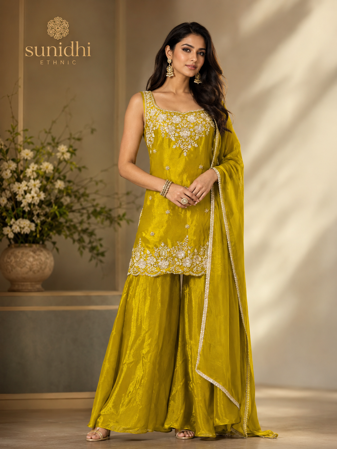 Sunidhi Ethnic Mustard Yellow Embroidered Sleeveless Kurta Plazo & Dupatta Set