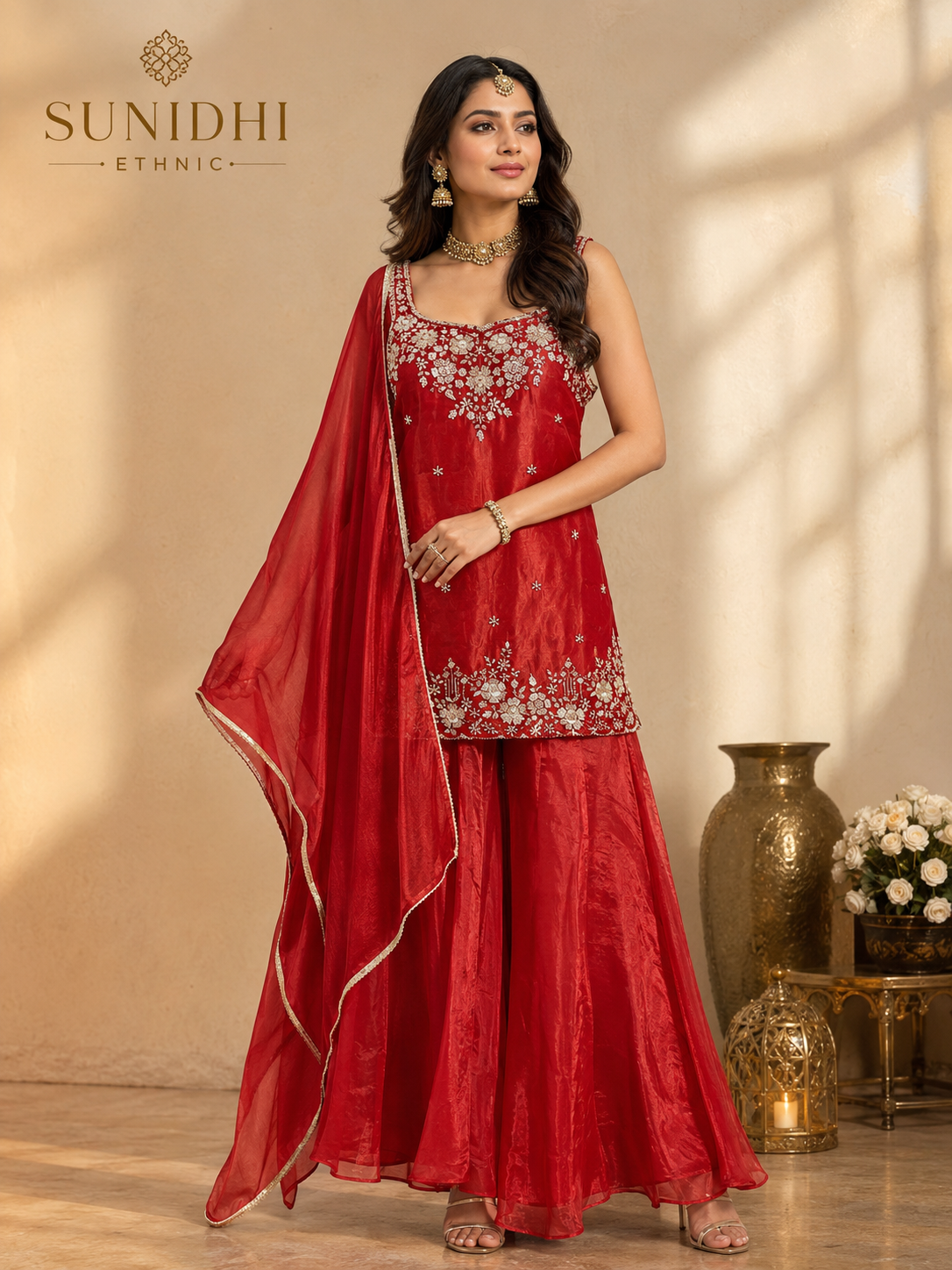 Sunidhi Ethnic Red Embroidered Sleeveless Kurta Set with Sharara & Organza Dupatta