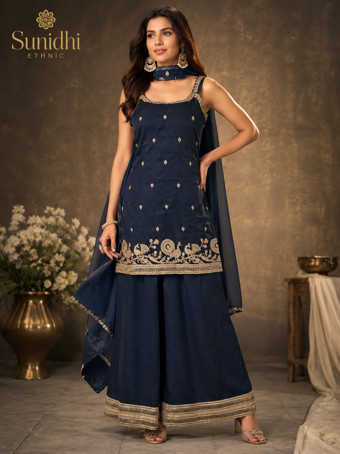 Midnight Blue Embroidered Kurta Plazo Set with Dupatta