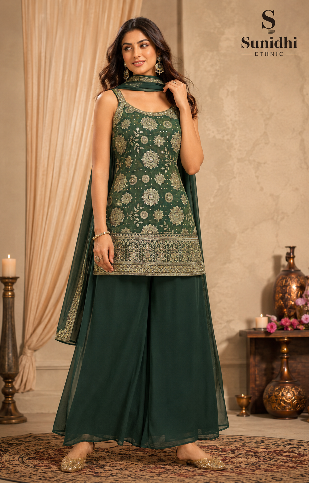 Sunidhi Ethnic Emerald Green Embroidered Kurta Plazo Set with Choker Dupatta