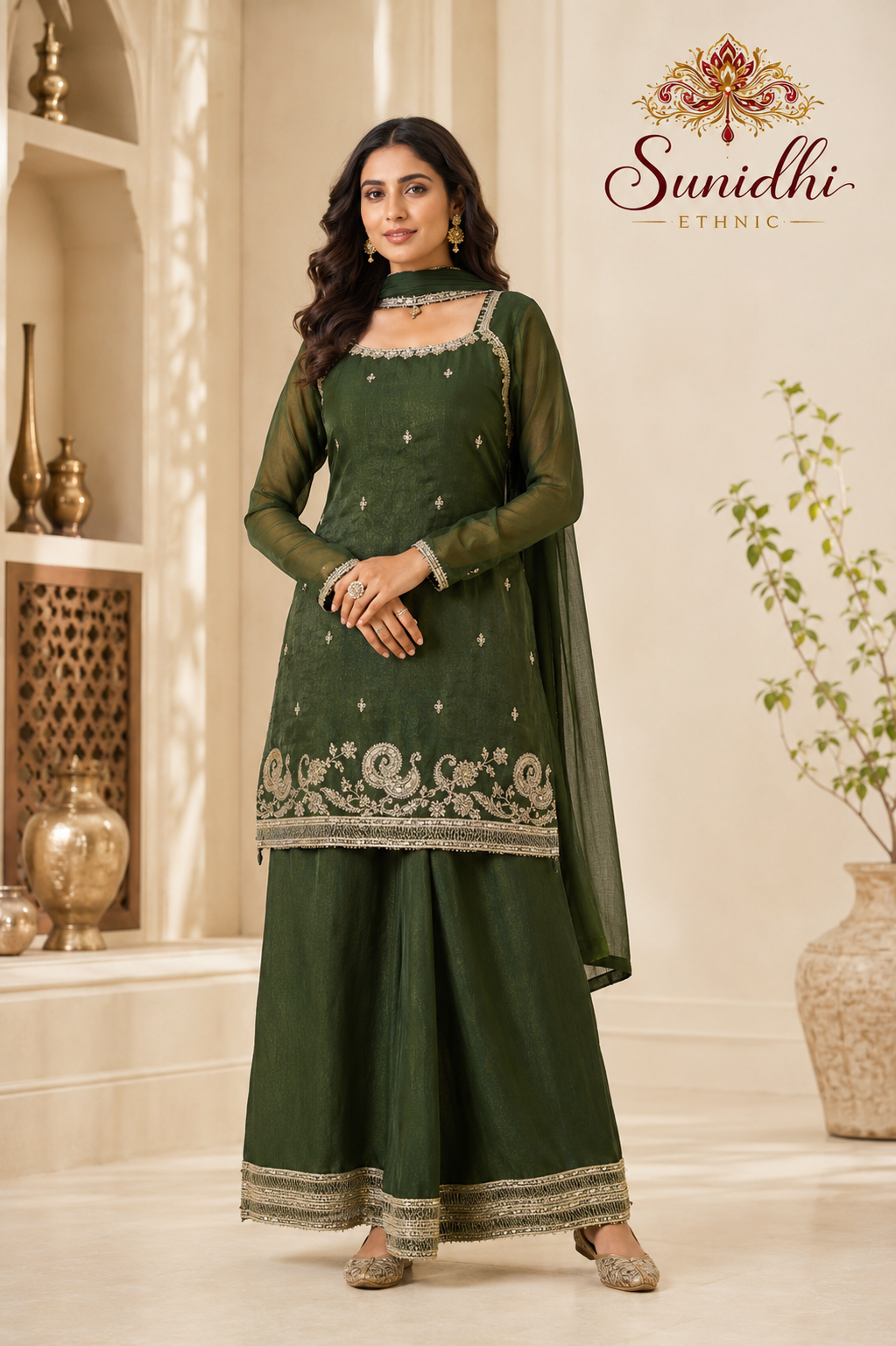 Sunidhi Ethnic Olive Green Embroidered Kurta Palazzo Set with Choker Dupatta