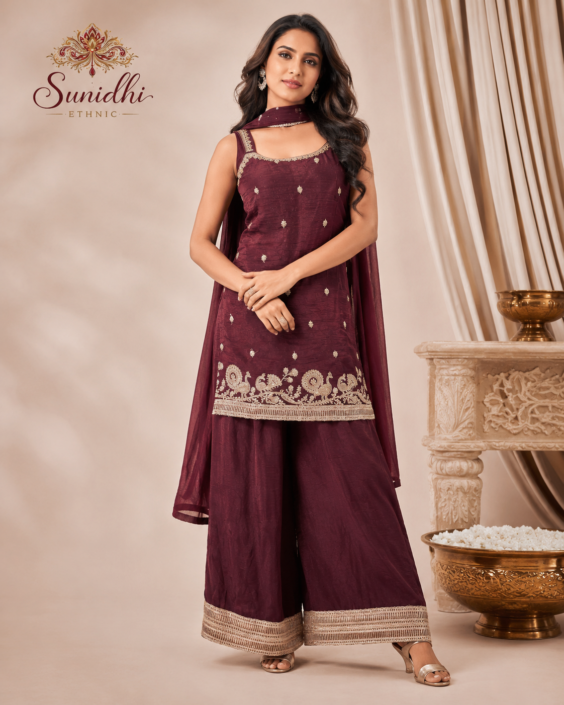 Sunidhi Ethnic Wine Embroidered Kurta Palazzo Set with Dupatta