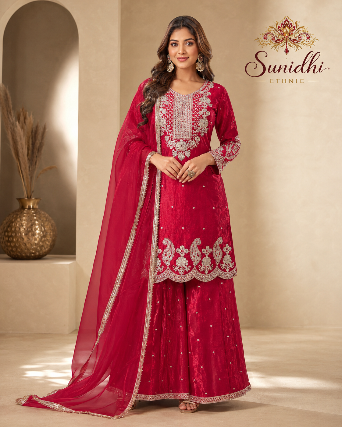 Sunidhi Ethnic Magenta Embroidered Kurta Palazzo Set with Dupatta