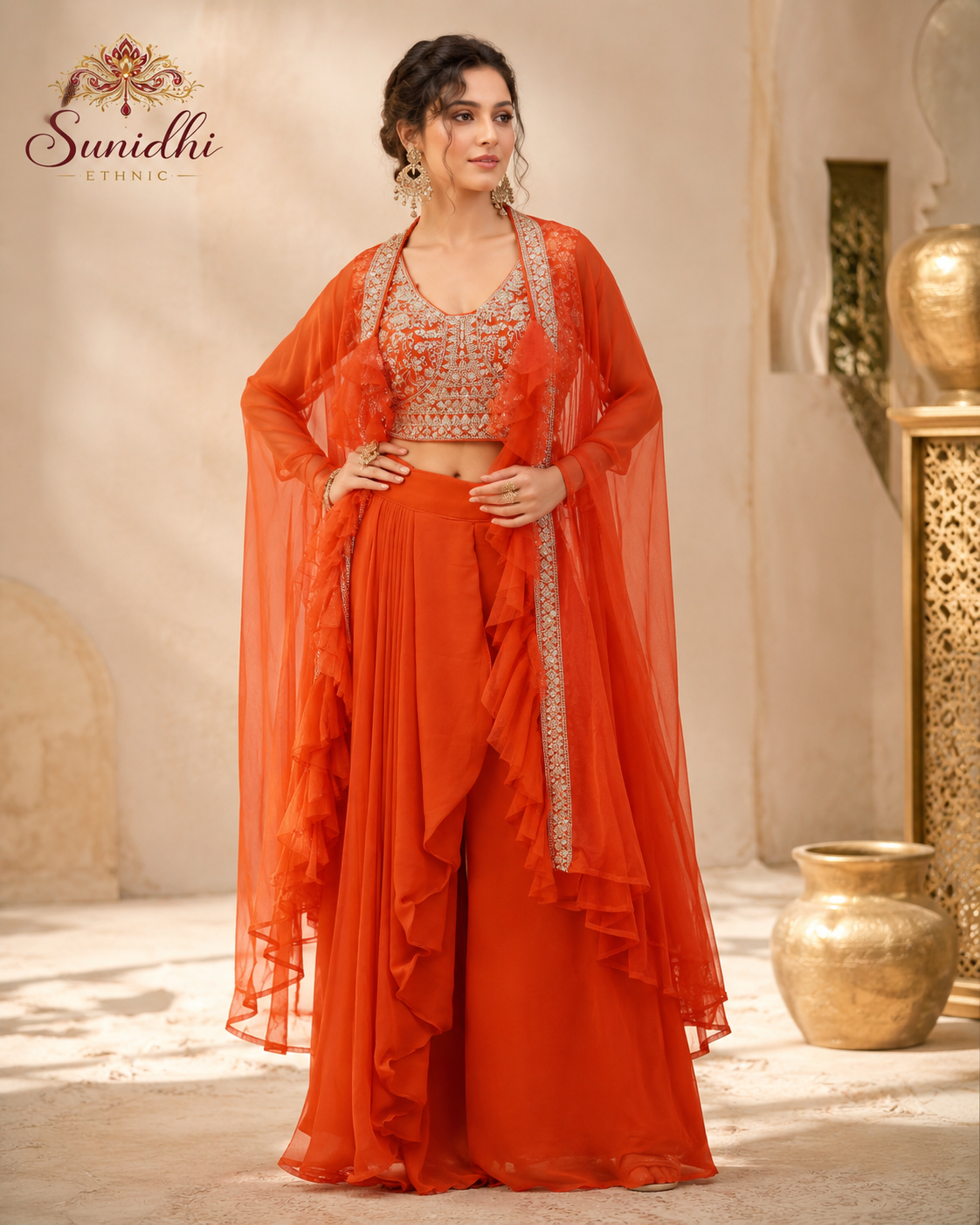 Sunidhi Ethnic Orange Embroidered Indo-Western Dhoti Set with Ruffle Cape Jacket