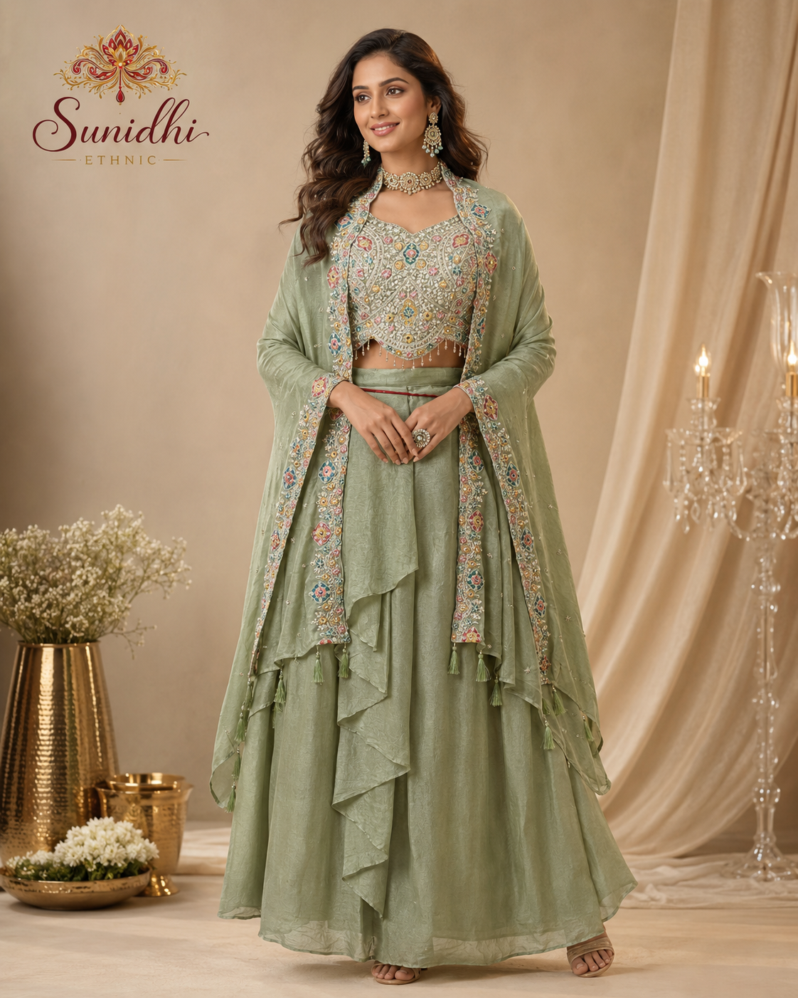Sunidhi Ethnic Sage Green Embroidered Indo-Western Dhoti Skirt Set