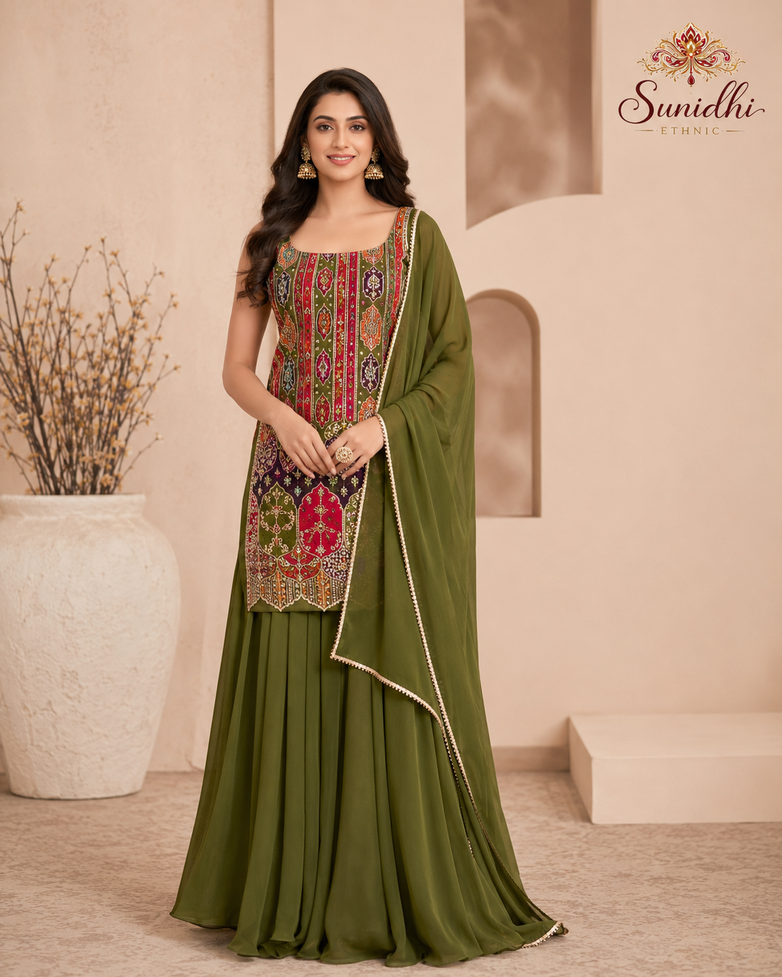 Sunidhi Ethnic Olive Green Embroidered Palazzo Suit Set with Dupatta