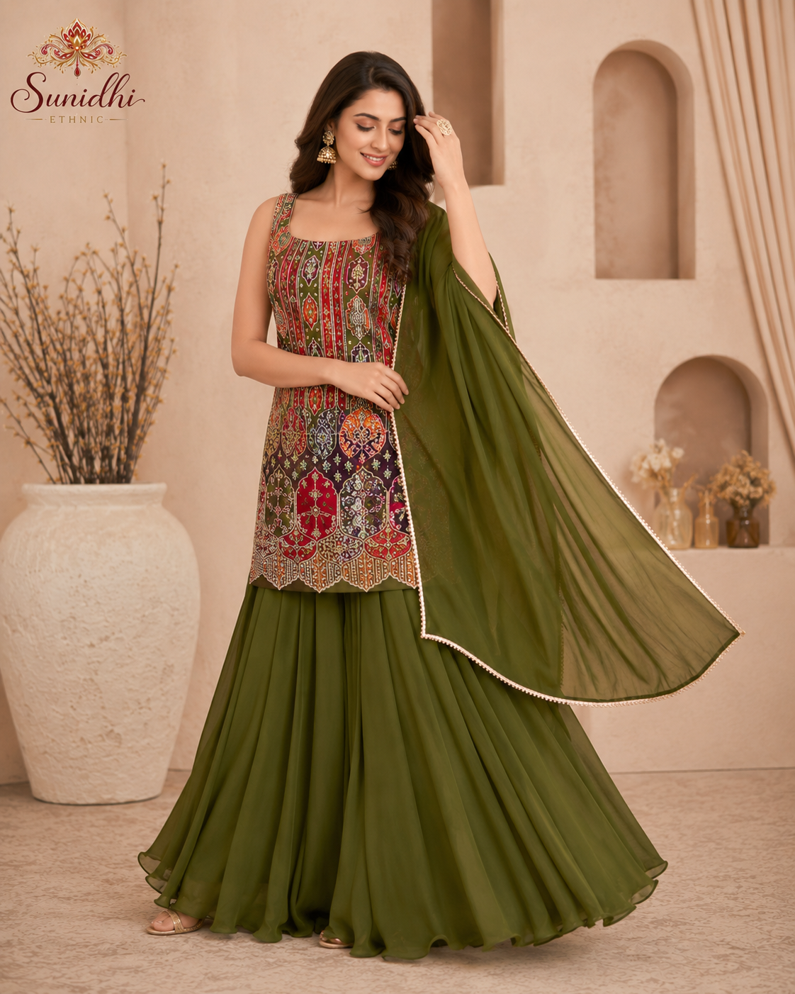 Sunidhi Ethnic Olive Green Embroidered Palazzo Suit Set with Dupatta