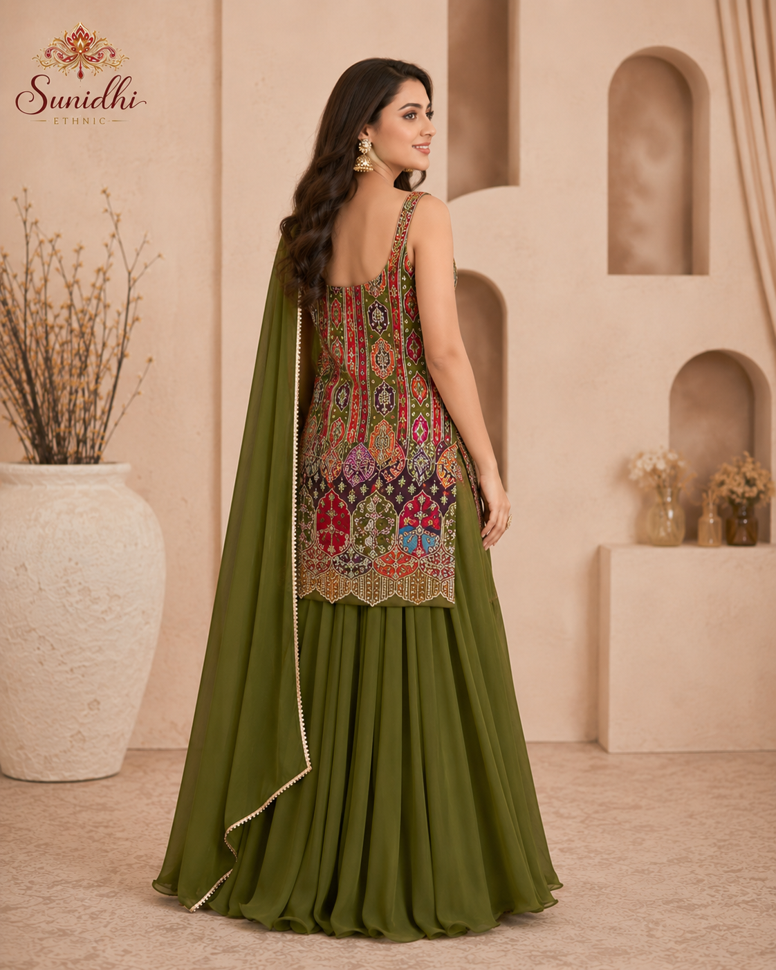 Sunidhi Ethnic Olive Green Embroidered Palazzo Suit Set with Dupatta