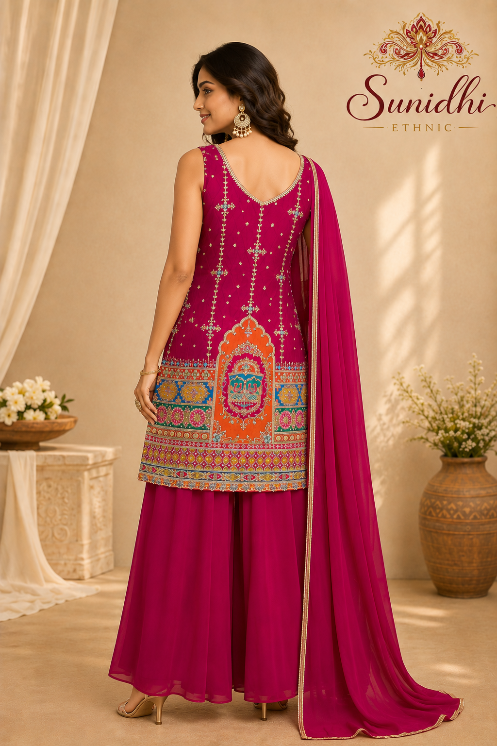 Sunidhi Ethnic Magenta Embroidered Sleeveless Kurta Palazzo Set with Dupatta
