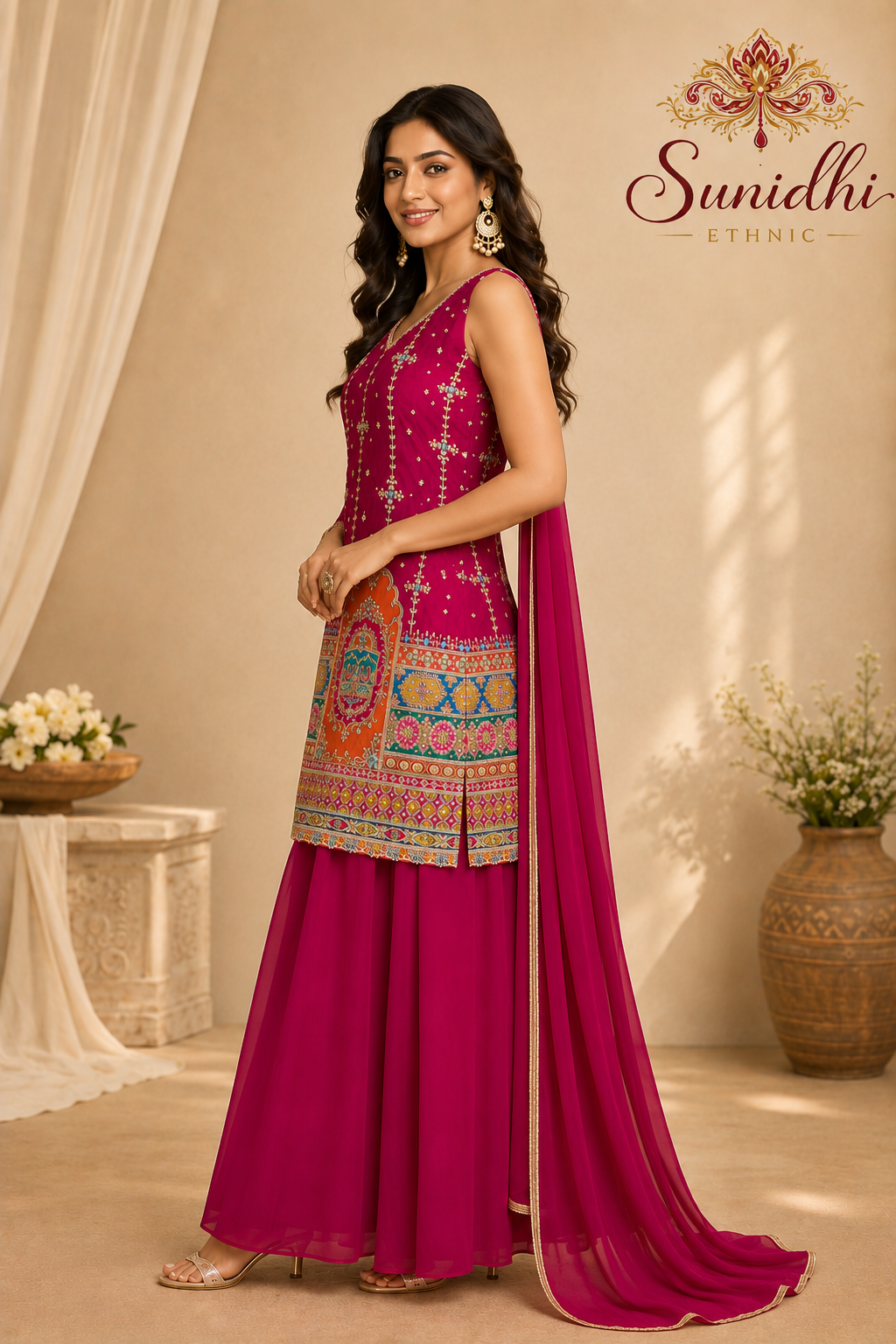 Sunidhi Ethnic Magenta Embroidered Sleeveless Kurta Palazzo Set with Dupatta
