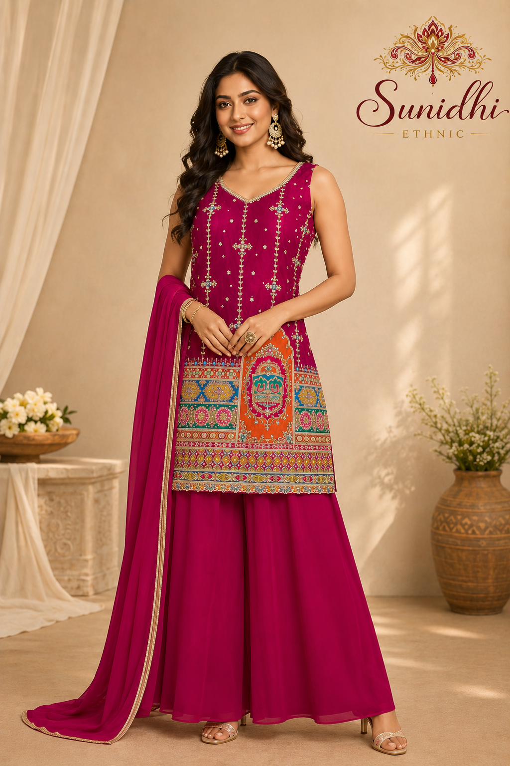 Sunidhi Ethnic Magenta Embroidered Sleeveless Kurta Palazzo Set with Dupatta