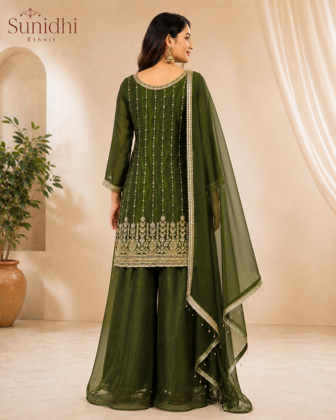Emerald Green Embroidered Palazzo Suit Set with Dupatta