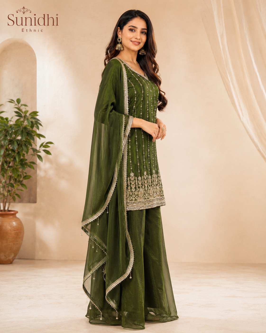 Emerald Green Embroidered Palazzo Suit Set with Dupatta