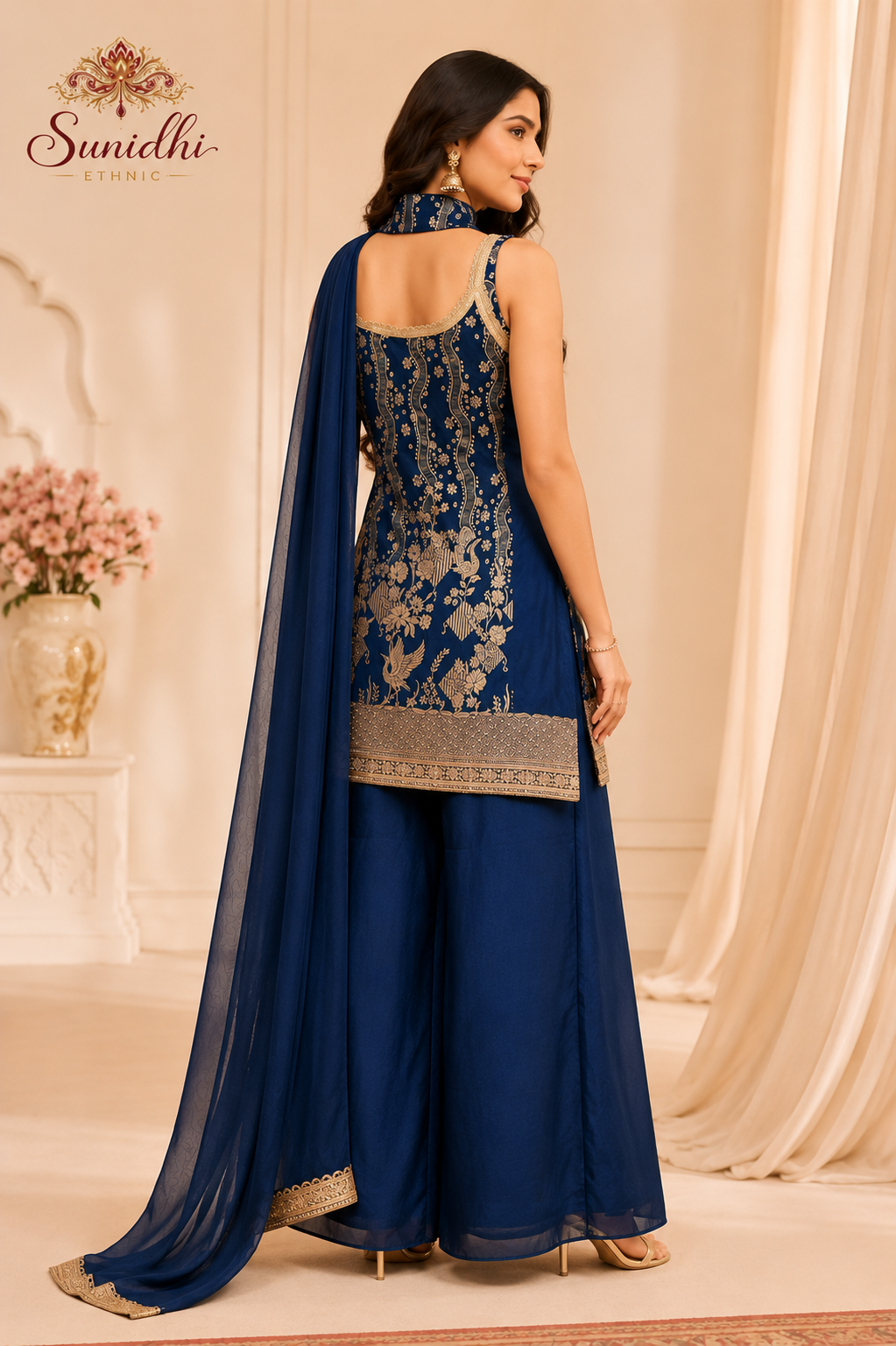 Royal Blue Embroidered Sleeveless Kurta Palazzo Set with Choker Dupatta