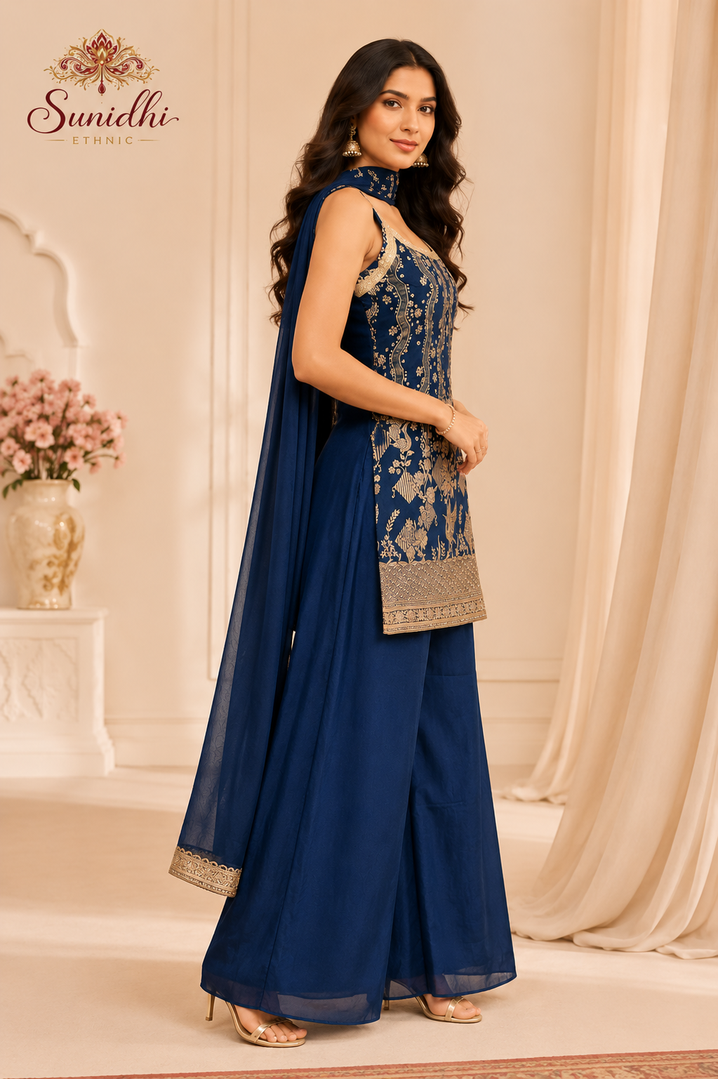 Royal Blue Embroidered Sleeveless Kurta Palazzo Set with Choker Dupatta