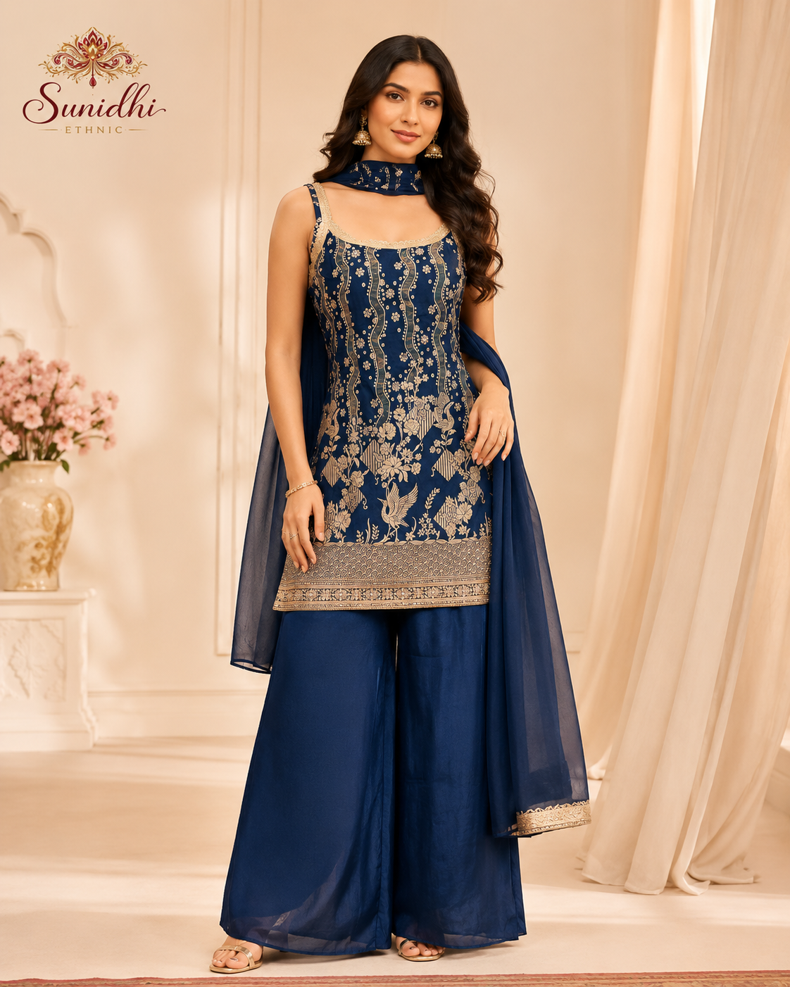 Royal Blue Embroidered Sleeveless Kurta Palazzo Set with Choker Dupatta