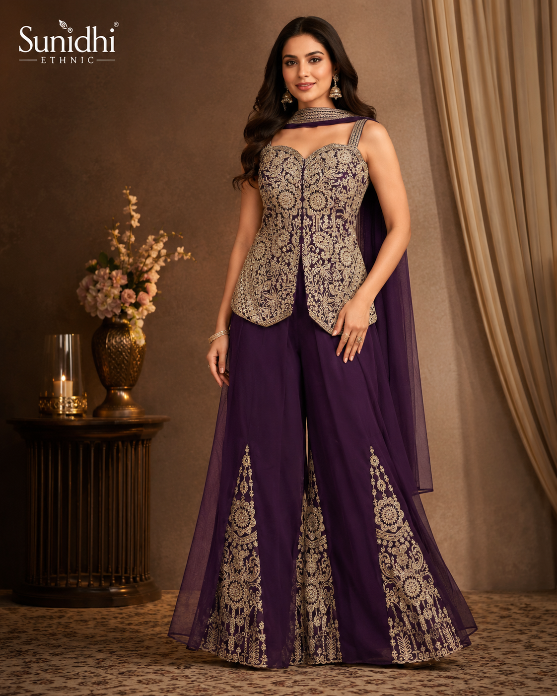 Purple Embroidered Indo-Western Palazzo Set with Dupatta