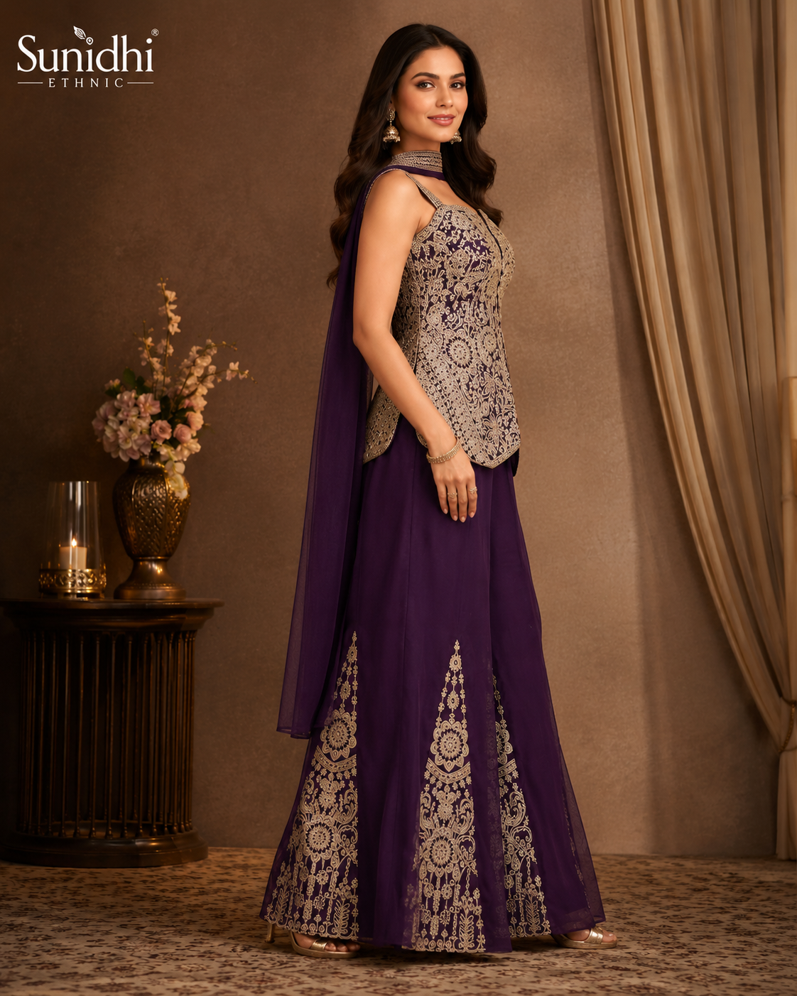 Purple Embroidered Indo-Western Palazzo Set with Dupatta
