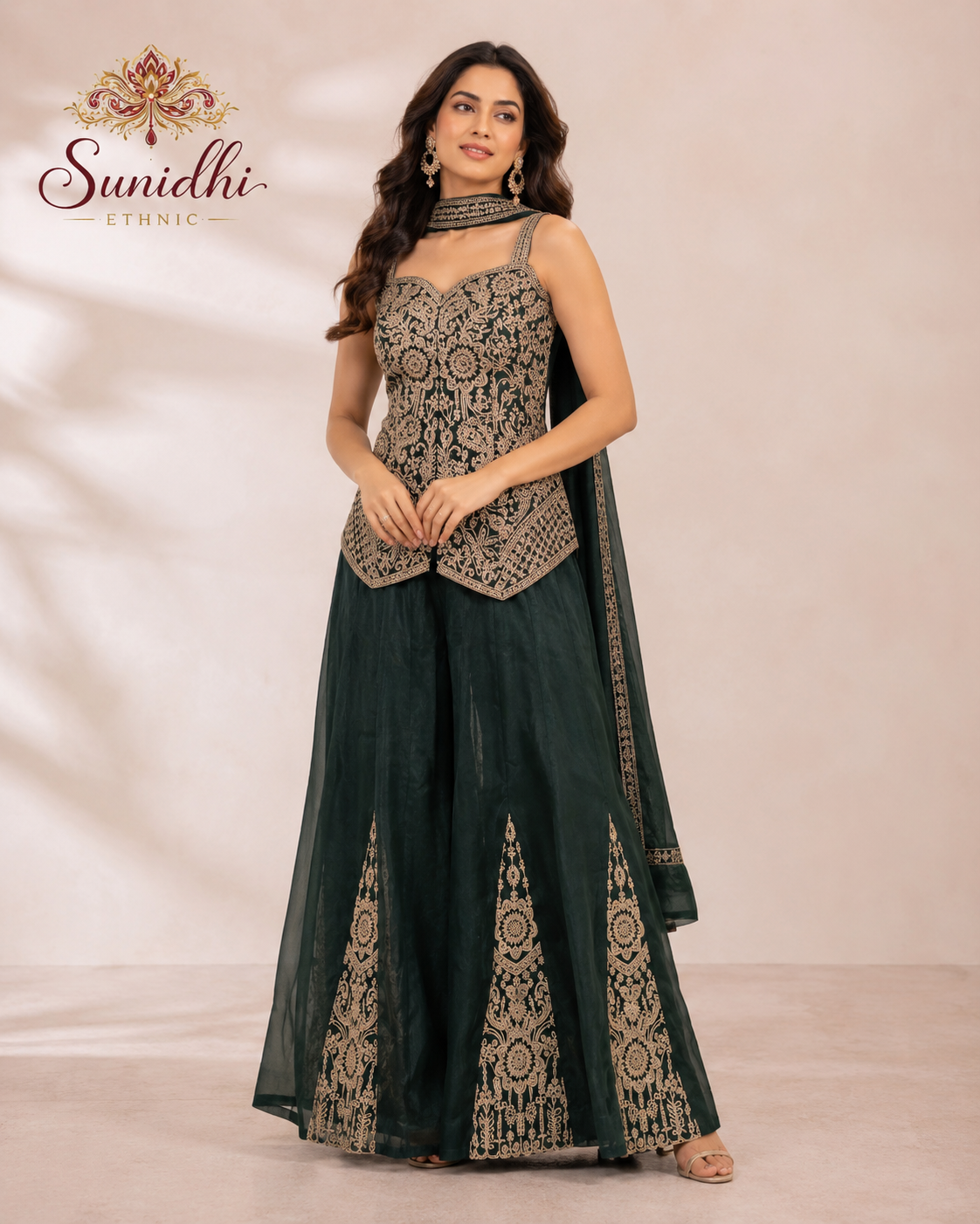 Bottle Green Embroidered Indo-Western Palazzo Set with Dupatta