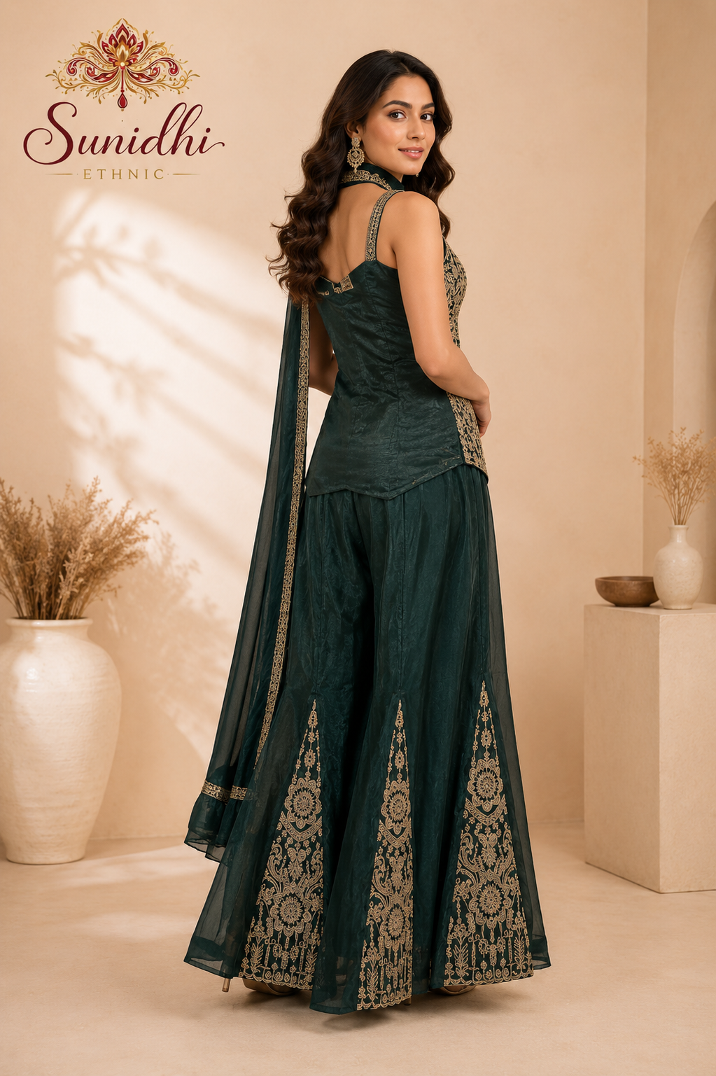 Bottle Green Embroidered Indo-Western Palazzo Set with Dupatta