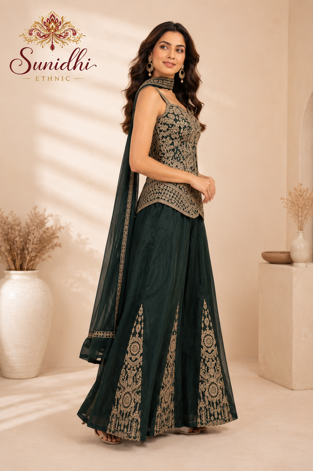 Bottle Green Embroidered Indo-Western Palazzo Set with Dupatta