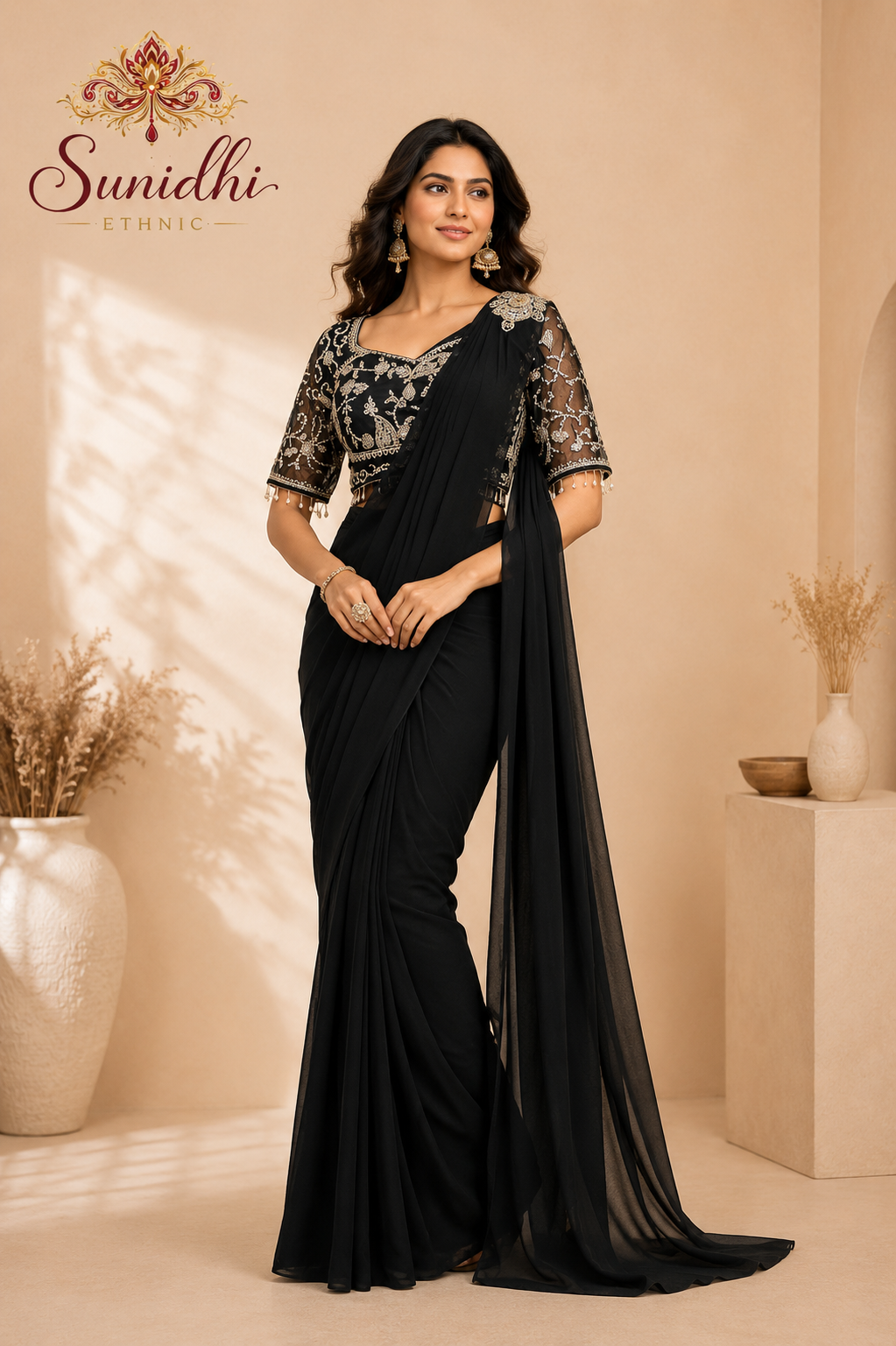 Black Ready-to-Wear Saree with Embroidered Blouse