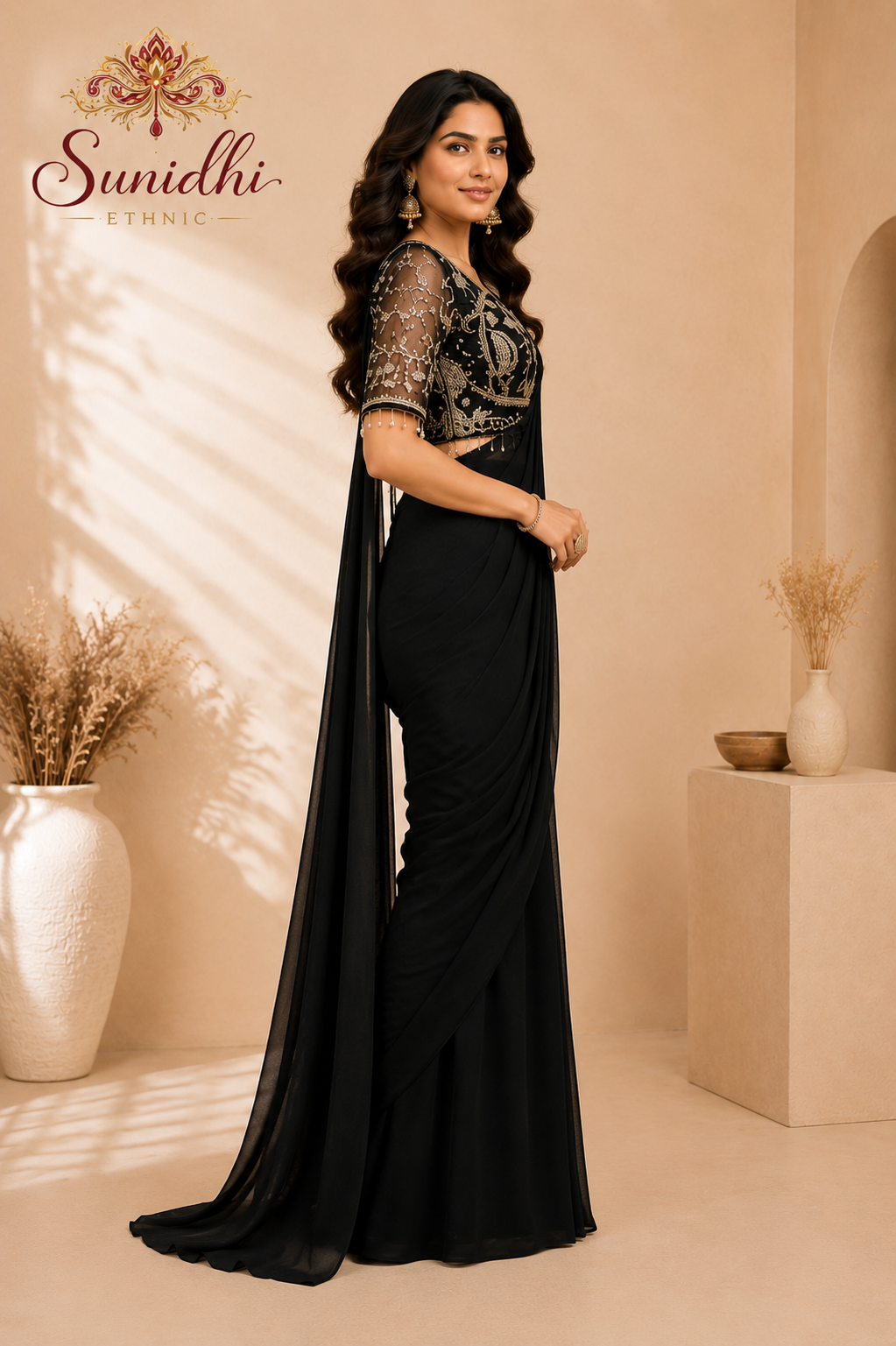 Black Ready-to-Wear Saree with Embroidered Blouse
