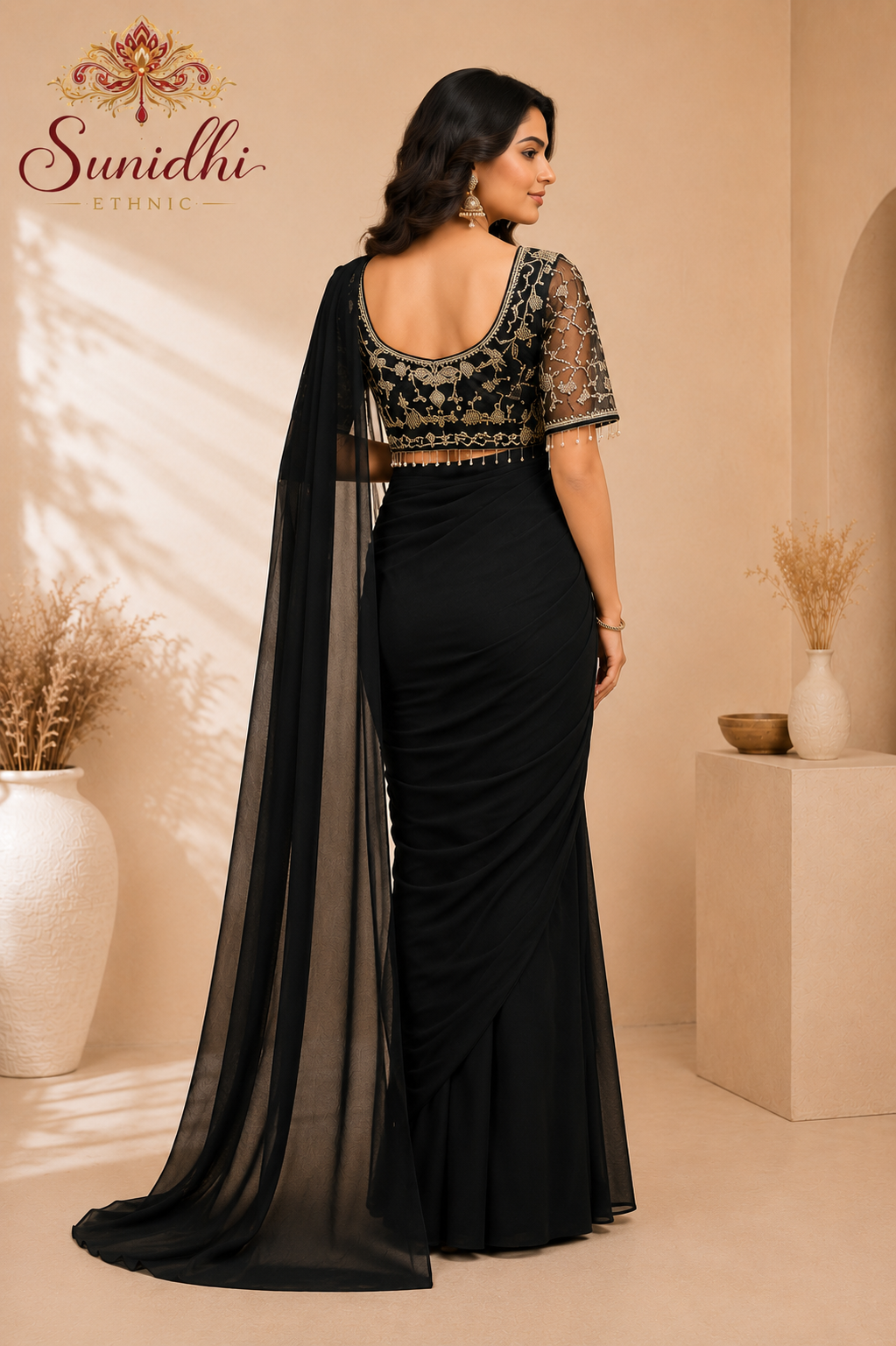 Black Ready-to-Wear Saree with Embroidered Blouse