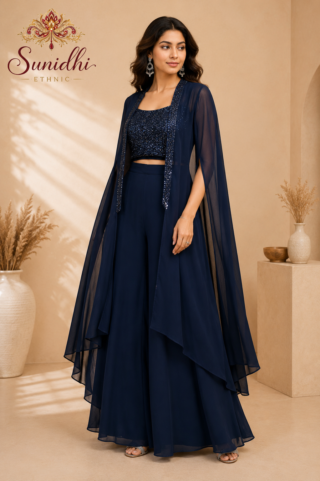 Navy Blue Sequin Crop Top Palazzo Set with Sheer Cape