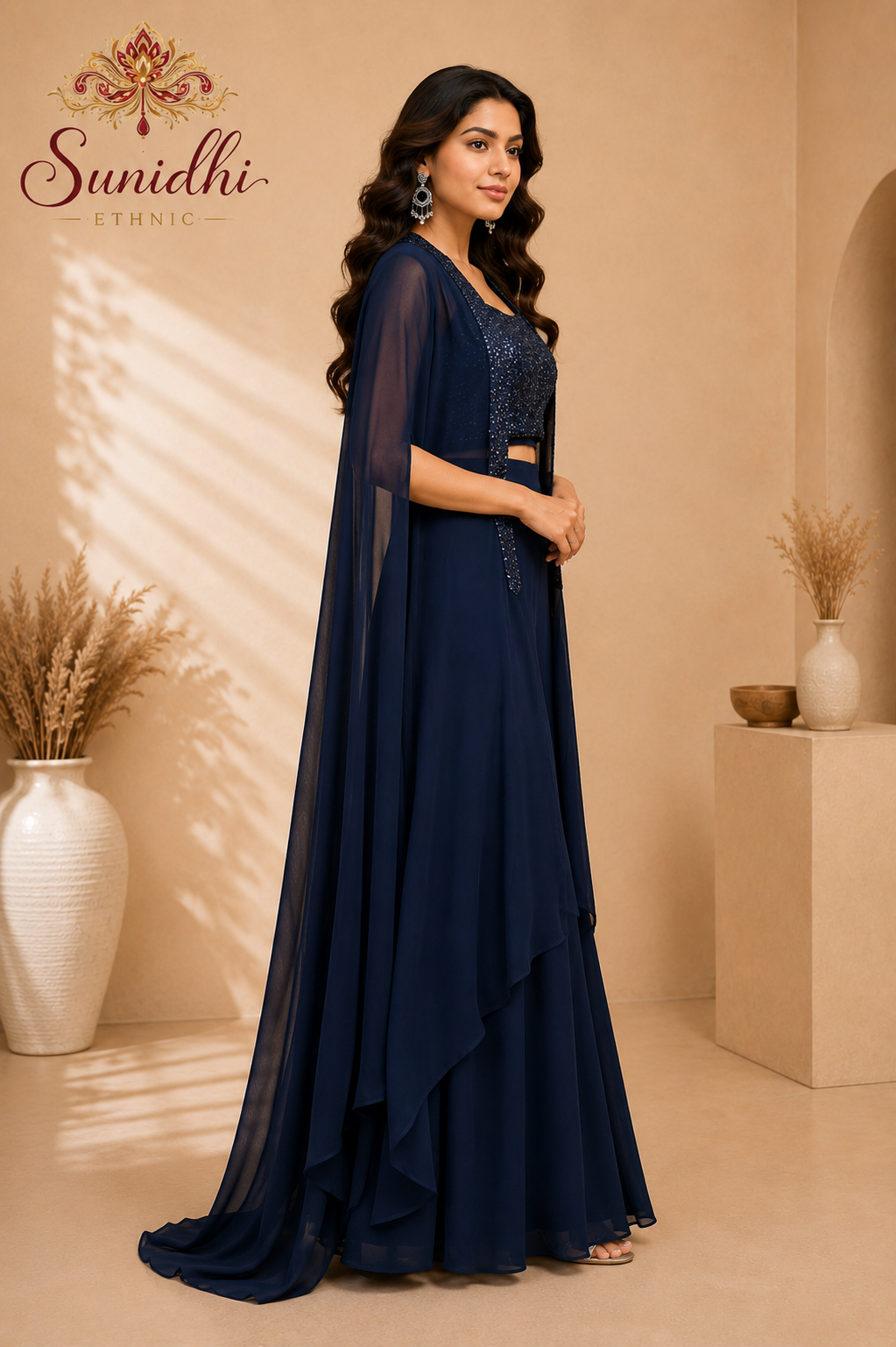 Navy Blue Sequin Crop Top Palazzo Set with Sheer Cape