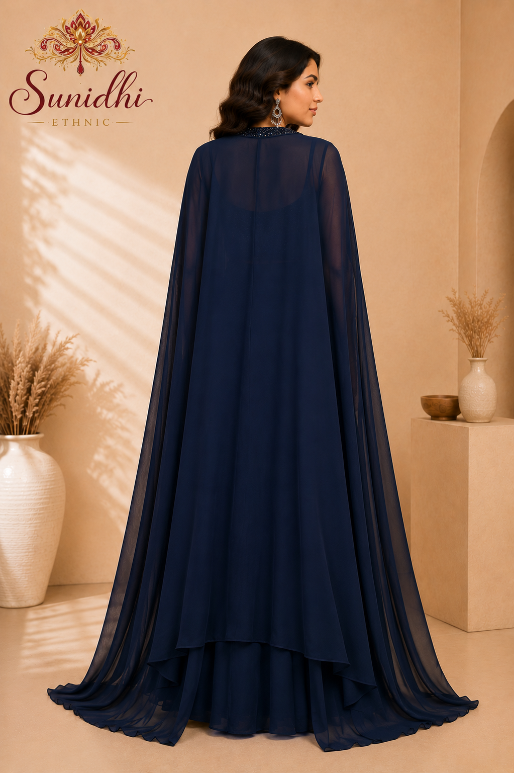 Navy Blue Sequin Crop Top Palazzo Set with Sheer Cape