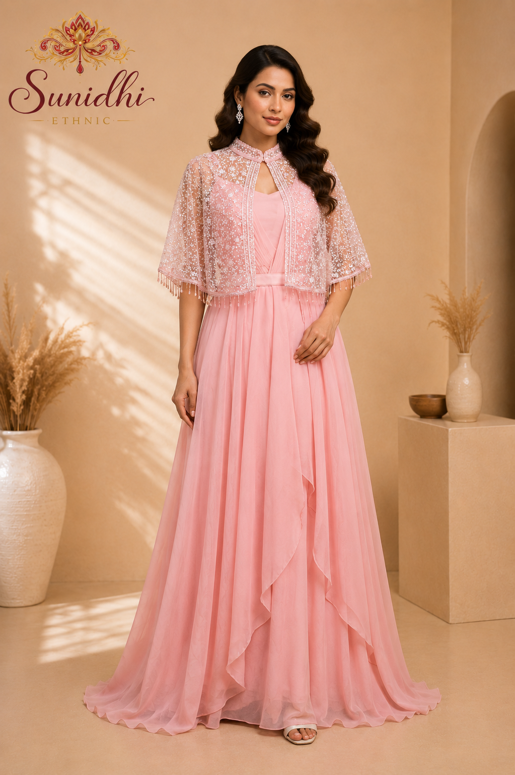 Baby Pink Embellished Indo-Western Gown with Cape