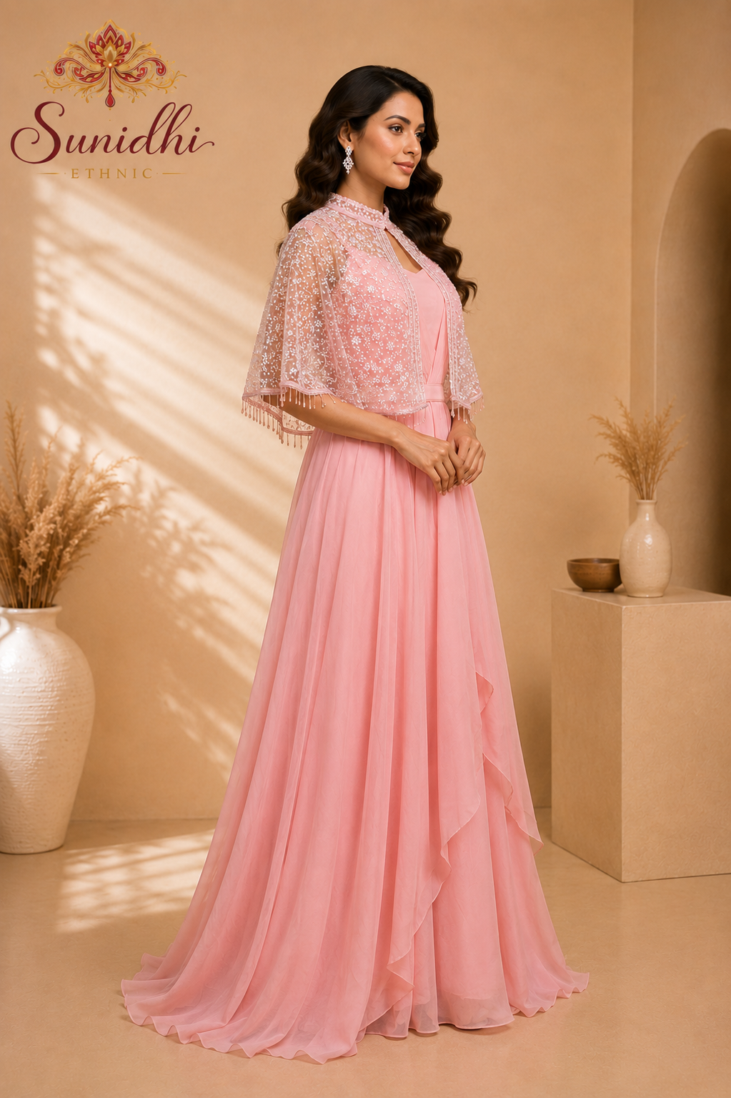 Baby Pink Embellished Indo-Western Gown with Cape