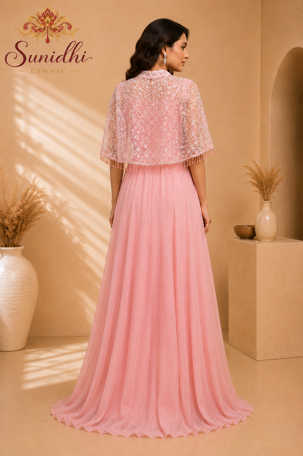 Baby Pink Embellished Indo-Western Gown with Cape