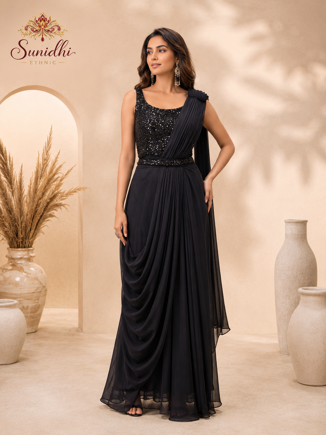 Black Sequin Ready-to-Wear Draped Gown Saree