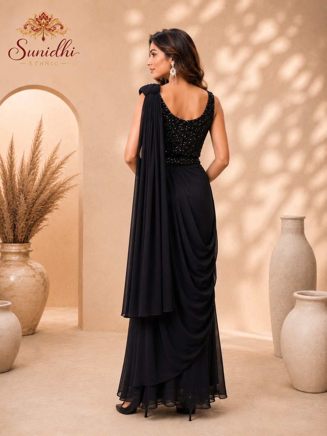 Black Sequin Ready-to-Wear Draped Gown Saree