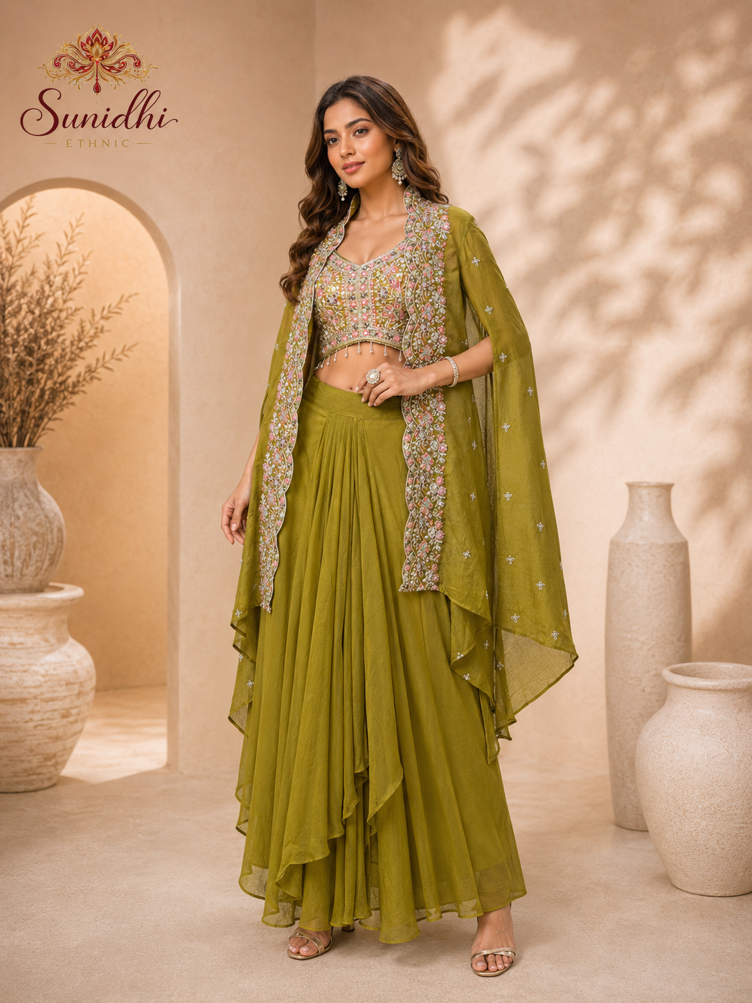 Olive Green Embroidered Indo-Western Lehenga Set with Cape
