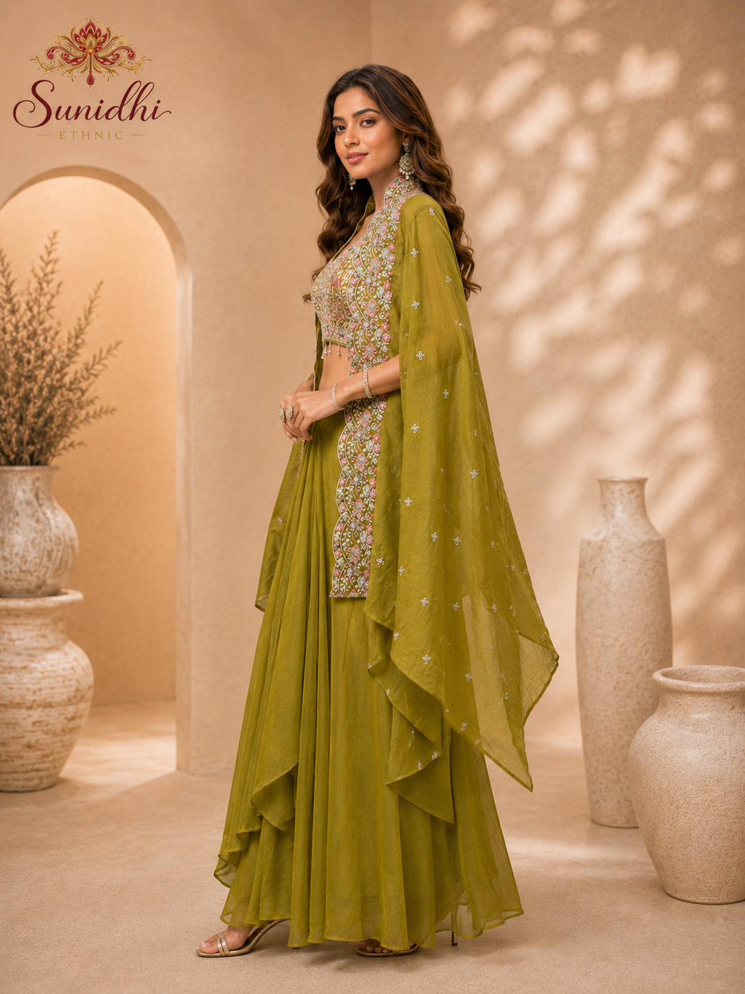 Olive Green Embroidered Indo-Western Lehenga Set with Cape