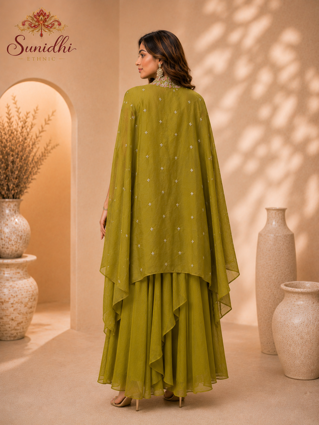 Olive Green Embroidered Indo-Western Lehenga Set with Cape