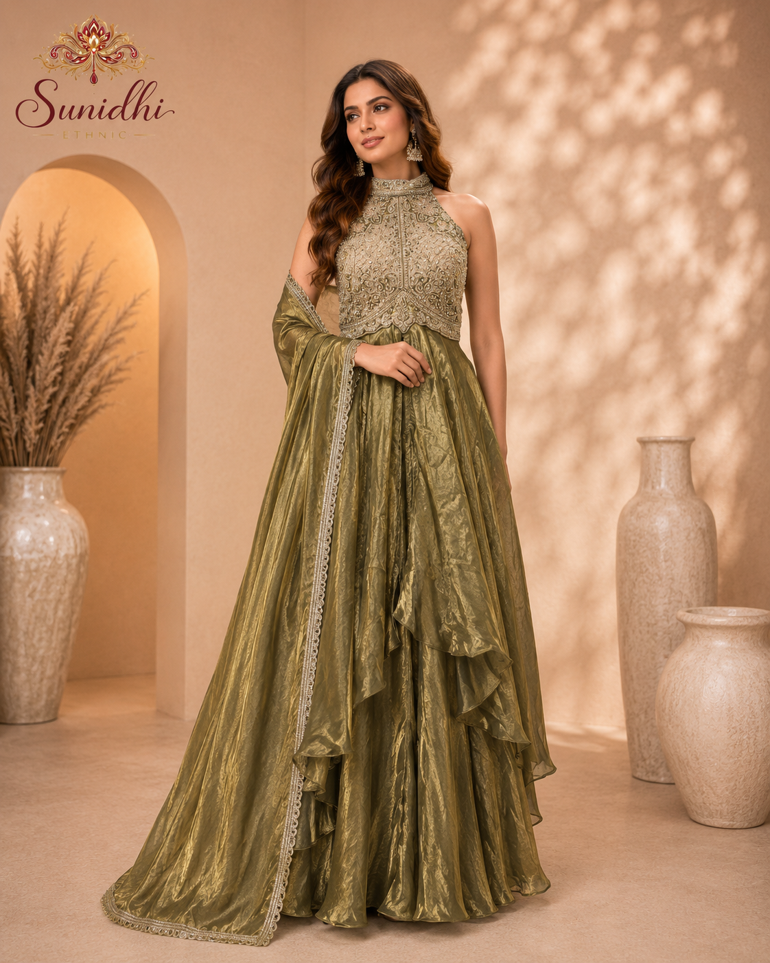 Olive Green Halter Neck Embroidered Indo-Western Gown with Dupatta