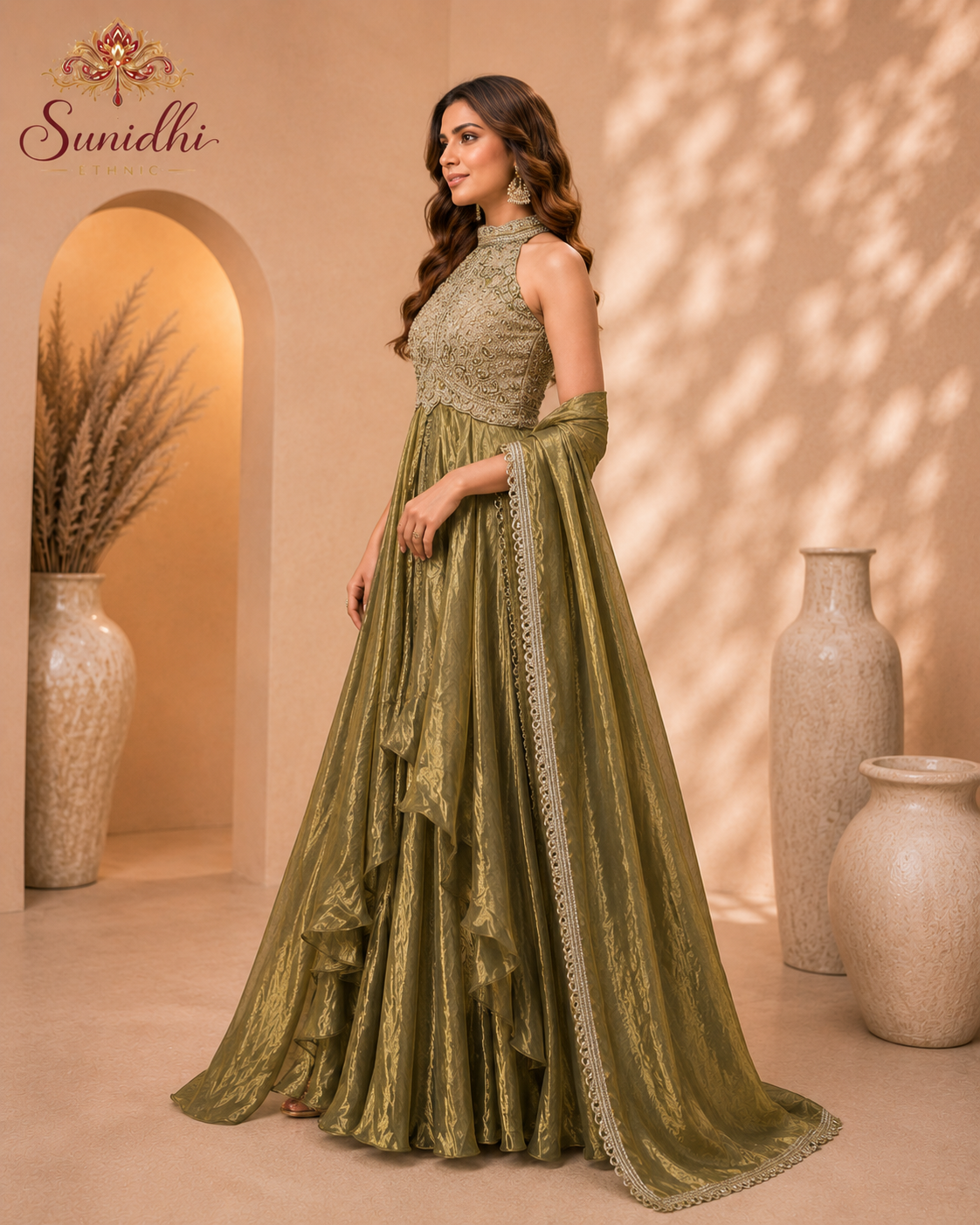 Olive Green Halter Neck Embroidered Indo-Western Gown with Dupatta