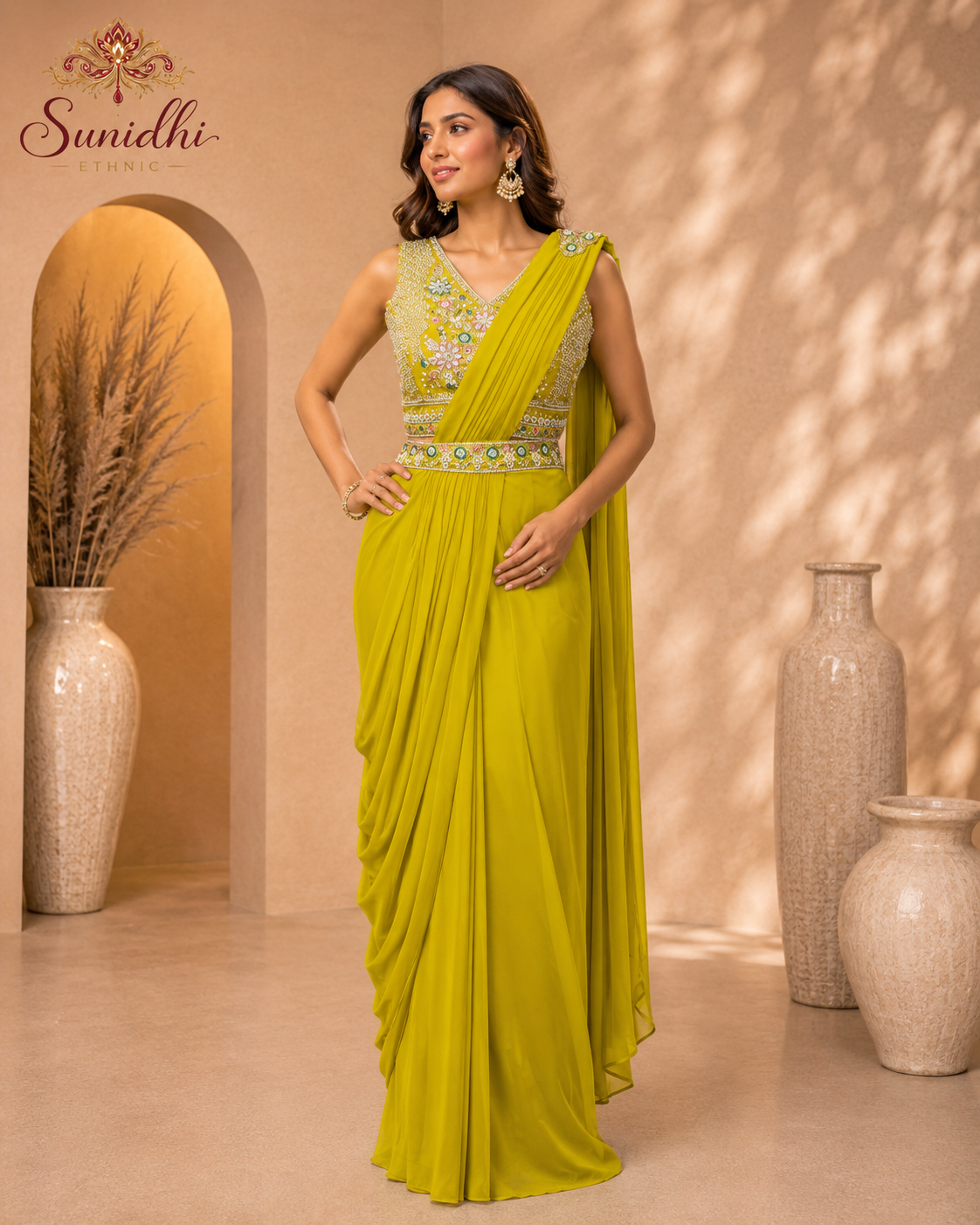 Lime Green Embroidered Ready-to-Wear Draped Saree Gown