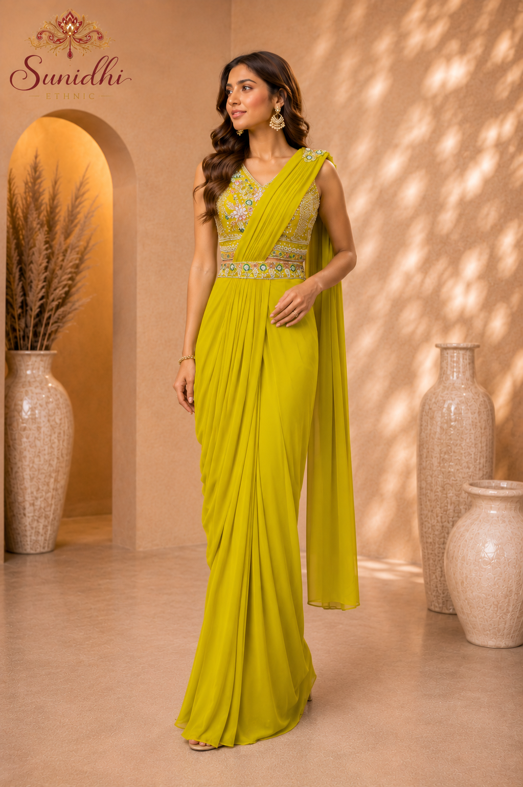 Lime Green Embroidered Ready-to-Wear Draped Saree Gown