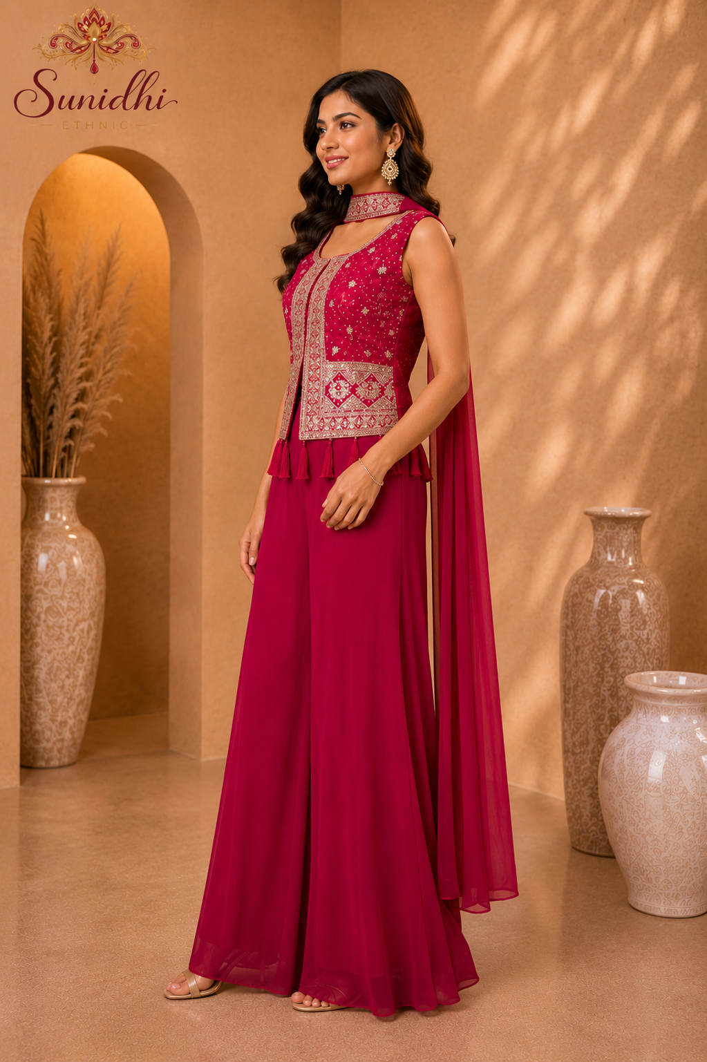 Rani Pink Embroidered Indo-Western Palazzo Set with Cape